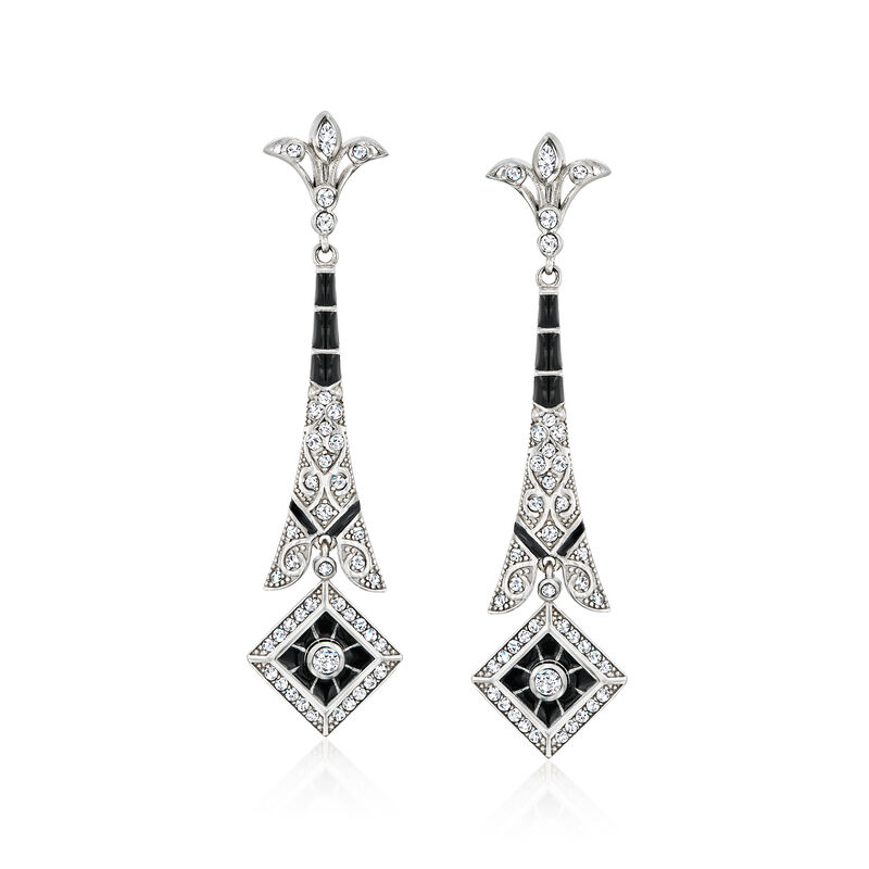 Italian .70 ct. t.w. CZ and Black Enamel Drop Earrings in Sterling Silver  image number 0