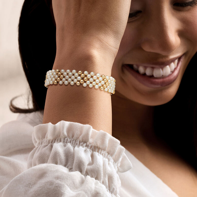 C. 1980 Vintage 3.5mm Cultured Pearl and 14kt Yellow Gold Multi-Row Bead Bracelet. 7" image number 1