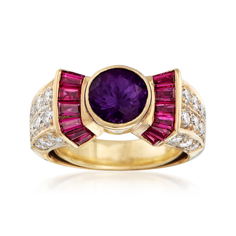 C. 1990 Vintage 1.10 Carat Synthetic Purple Sapphire and .70 ct. t.w. Diamond Ring with .65 ct. t.w. Rubies in 18kt Gold. Size 3.5 image number 0