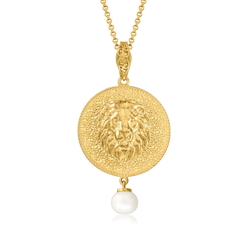8-8.5mm Cultured Pearl and Lion Medallion Pendant Necklace in 18kt Gold Over Sterling. 18" image number 1