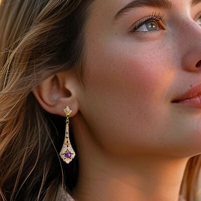 1.00 ct. t.w. Amethyst and .30 ct. t.w. White Zircon Drop Earrings with .20 ct. t.w. Emeralds in 18kt Gold Over Sterling