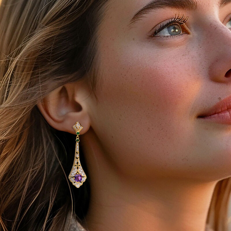 1.00 ct. t.w. Amethyst and .30 ct. t.w. White Zircon Drop Earrings with .20 ct. t.w. Emeralds in 18kt Gold Over Sterling  image number 1