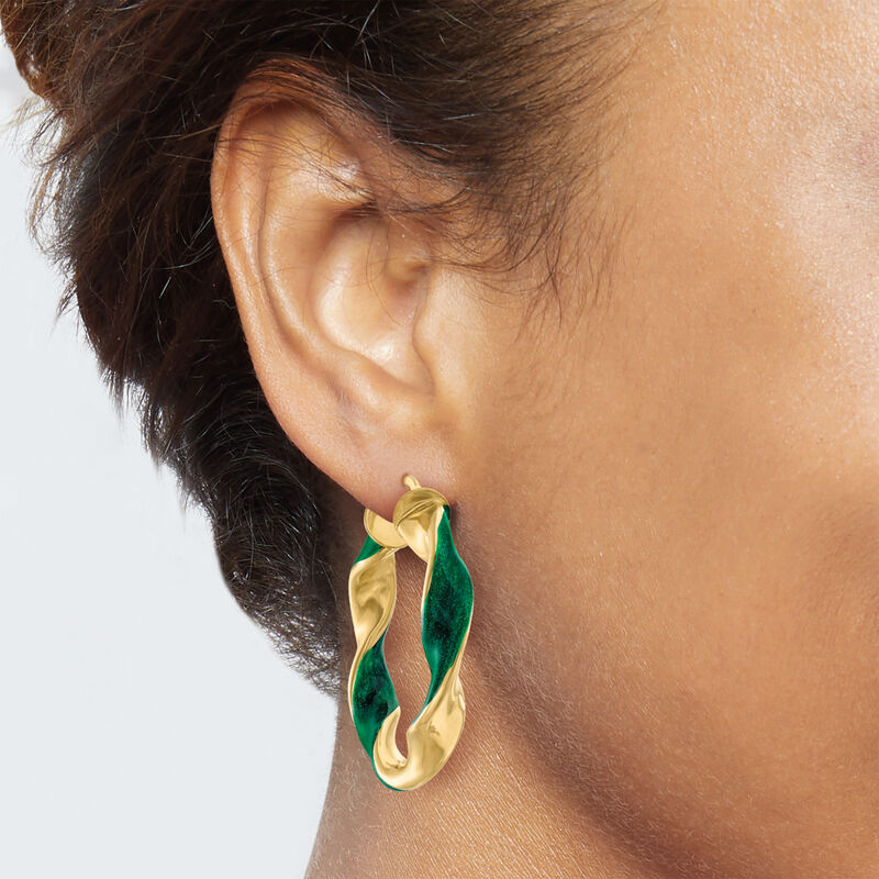 Italian Green Enamel and 18kt Gold Over Sterling Twisted Hoop Earrings   image number 2