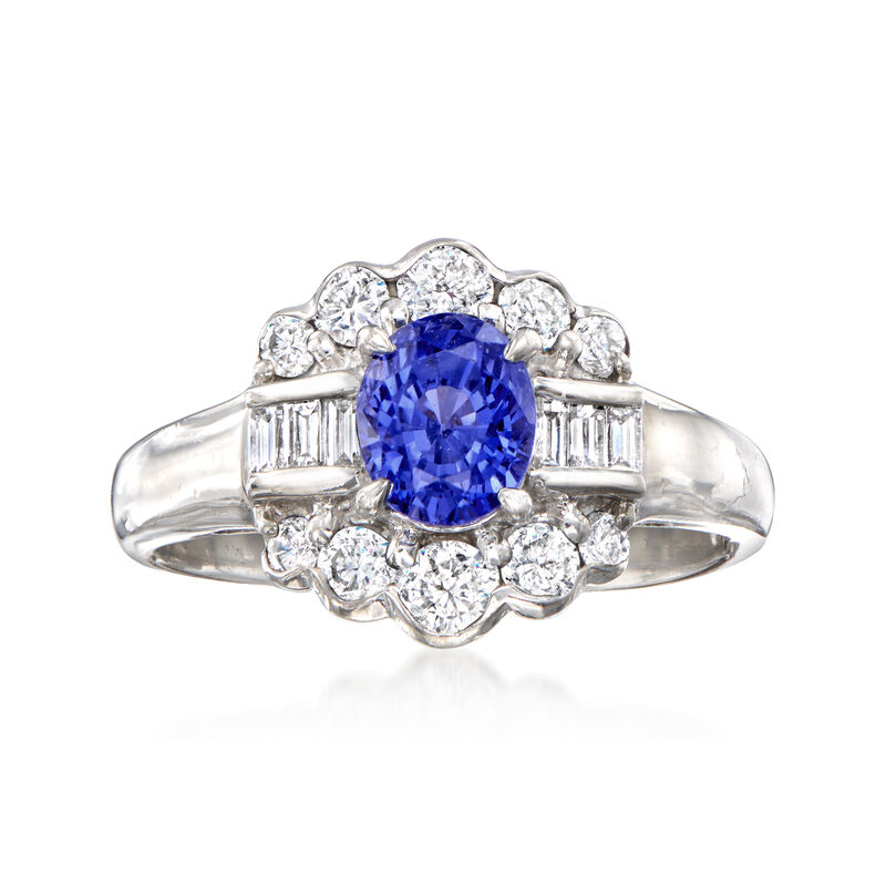 C. 1990 Vintage 1.21 Carat Sapphire and .60 ct. t.w. Diamond Ring in Platinum. Size 5.25 image number 0