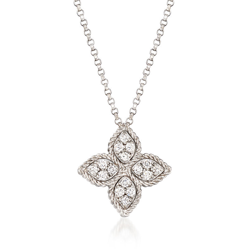 Roberto Coin &quot;Princess Flower&quot; .38 ct. t.w. Black and White Diamond Flower Pendant Necklace in 18kt White Gold. 18&quot; image number 0