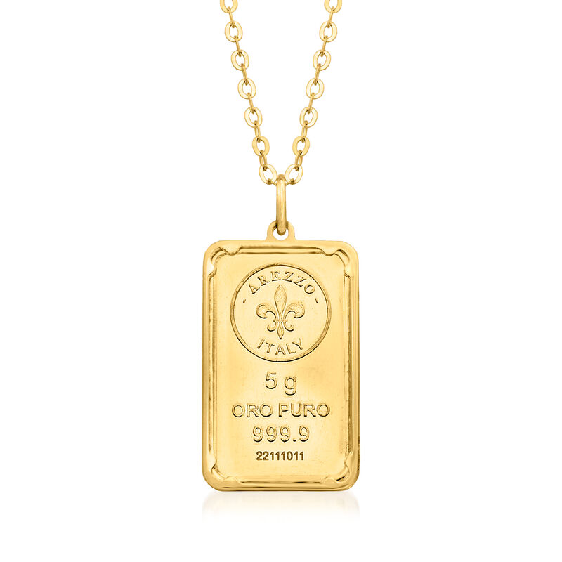 Italian 24kt Yellow Gold Fleur-De-Lis Five-Gram Ingot Pendant Necklace with 14kt Gold Frame image number 0