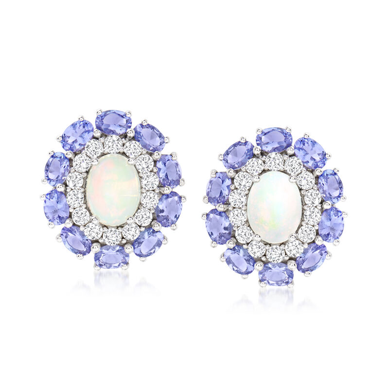 Opal and 3.00 ct. t.w. Tanzanite Earrings with White Topaz in 14kt White Gold Over Sterling image number 0