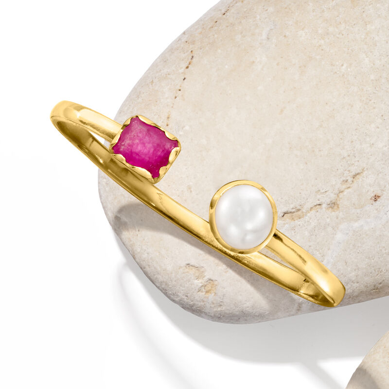 10-10.5mm Cultured Pearl and 2.10 Carat Pink Quartz Cuff Bracelet in 18kt Gold Over Sterling image number 2