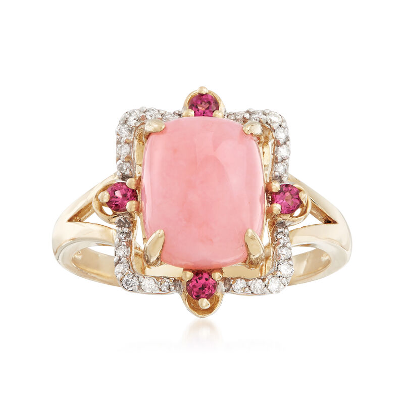 10x8mm Pink Opal Ring with .20 ct. t.w. Purple Rhodolites and .11 ct. t.w. Diamonds in 14kt Yellow Gold image number 0