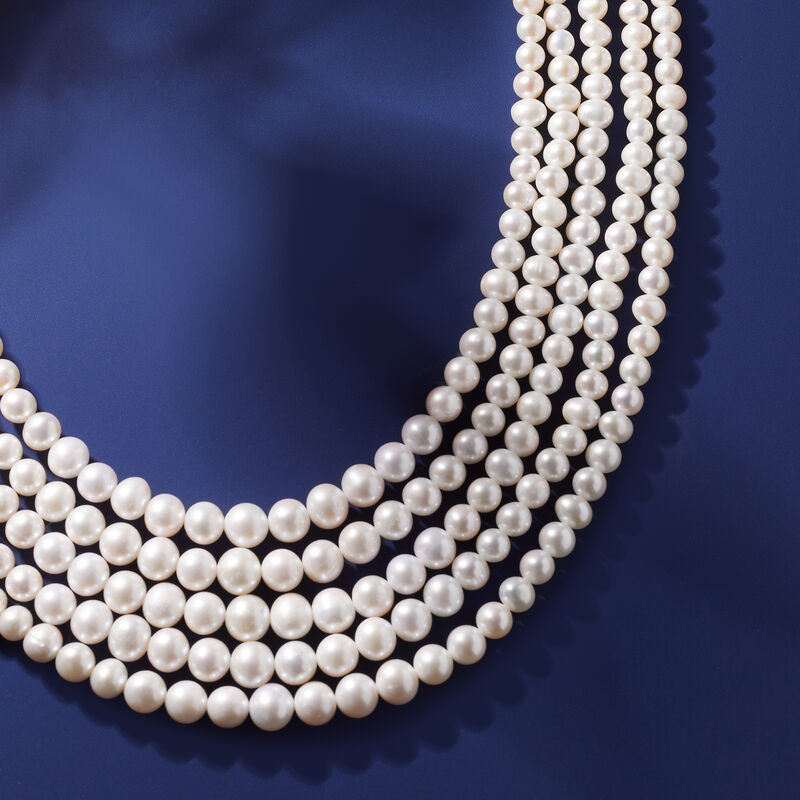 4-8.5mm Cultured Pearl Five-Strand Layered Necklace with Sterling Silver. 16&quot; image number 5