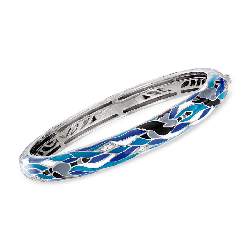 Belle Etoile &quot;Migration&quot; Enamel and .27 ct. t.w. CZ Bangle Bracelet in Sterling Silver. 7&quot; image number 0