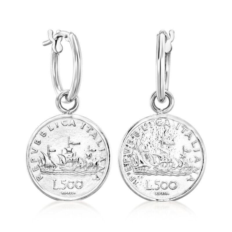 Sterling Silver Jewelry Set: 1.5mm Hoop Earrings with Italian Horn and Replica 500-Lira Coin Charms  image number 4