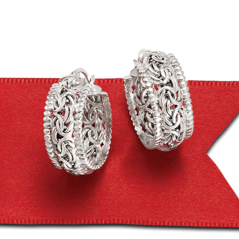 Sterling Silver Beaded-Edge Byzantine Hoop Earrings. 1&quot; image number 2