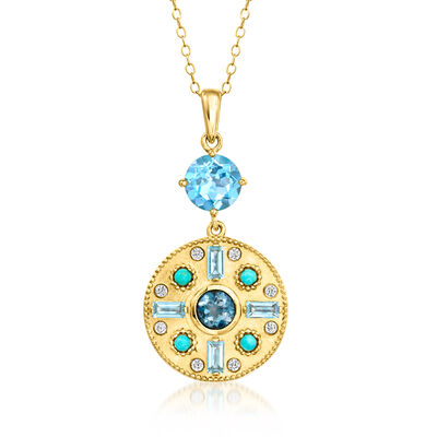 Turquoise and 2.10 ct. t.w. Multi-Gemstone Disc Pendant Necklace in 18kt Gold Over Sterling