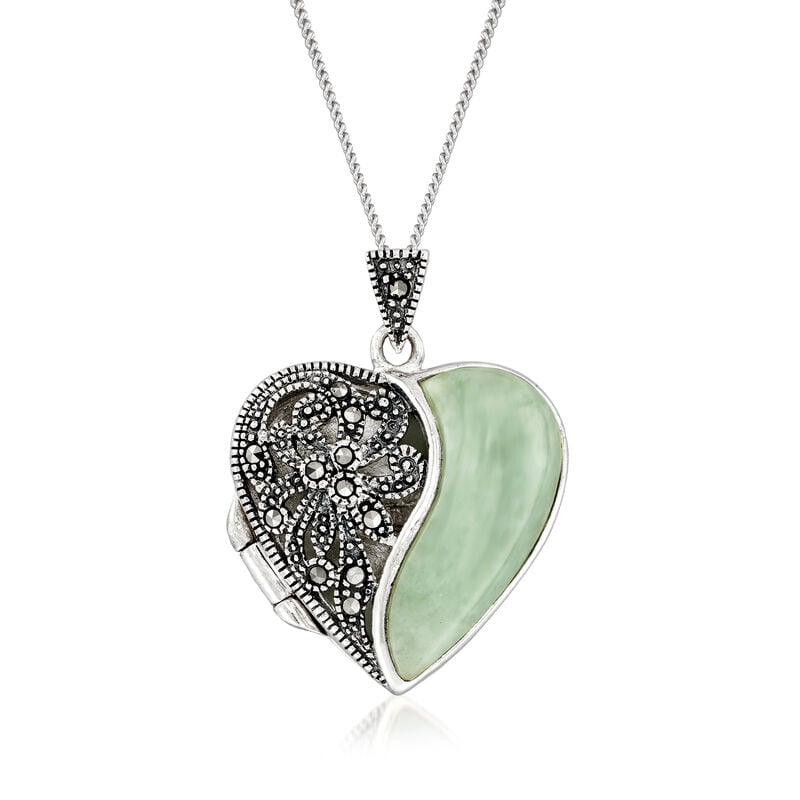 Jade and Marcasite Heart Locket Pendant Necklace in Sterling Silver image number 0