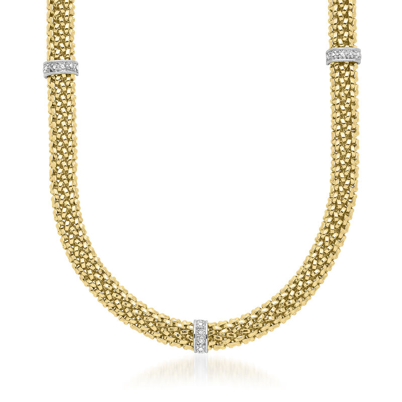 14kt Two-Tone Gold Mesh Station Necklace with Diamond Accents. 17&quot; image number 0