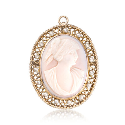 C. 1950 Vintage Pink Shell Cameo Pin/Pendant with Cultured Pearls in 14kt Yellow Gold