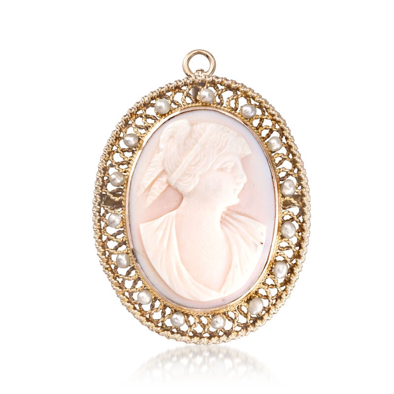C. 1950 Vintage Pink Shell Cameo Pin/Pendant with Cultured Pearls in 14kt Yellow Gold image number 0