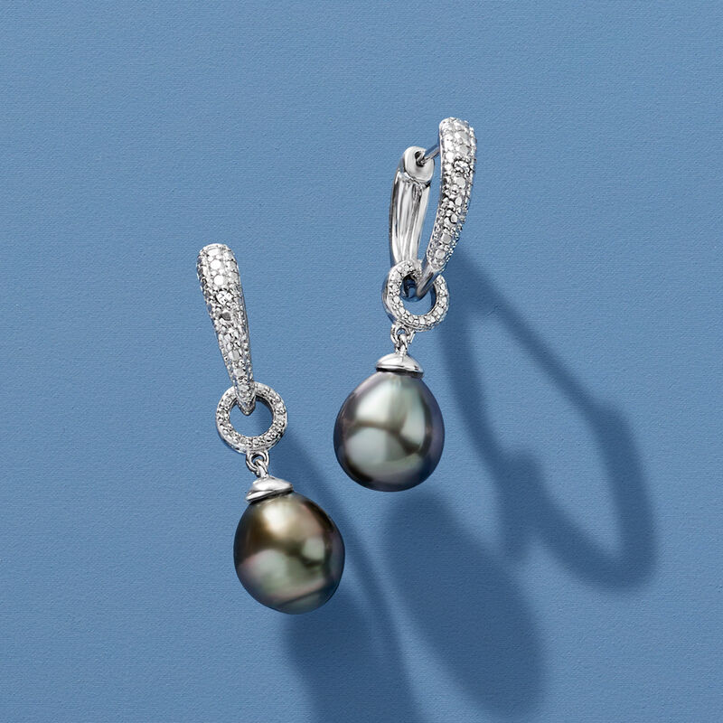 8-8.5mm Black Cultured Tahitian Pearl Hoop Drop Earrings with Diamonds in Sterling Silver image number 1