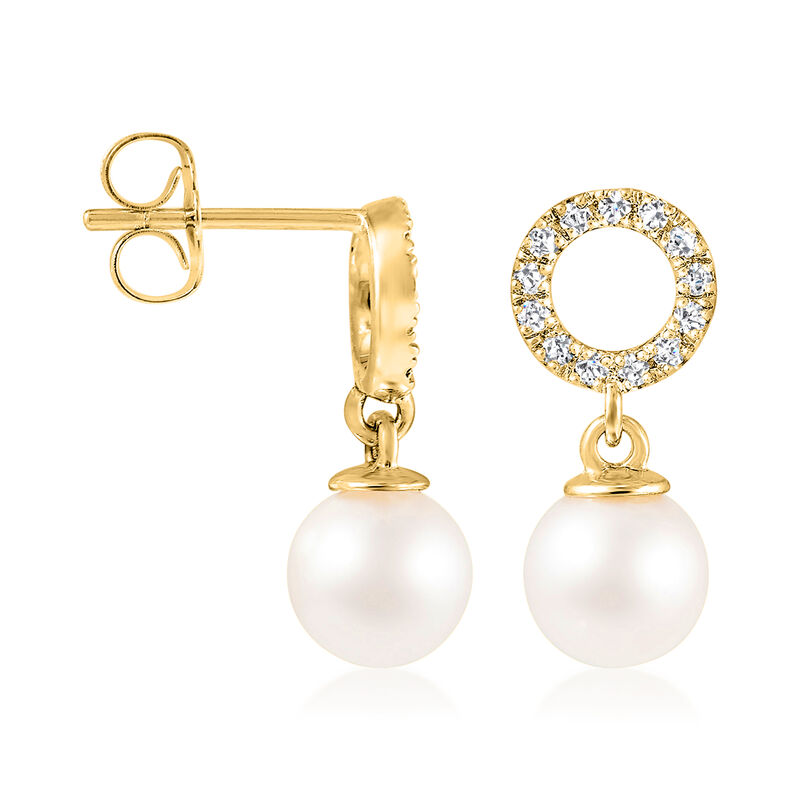 6.5-7mm Cultured Akoya Pearl and .20 ct. t.w. Diamond Circle Drop Earrings in 14kt Yellow Gold image number 1