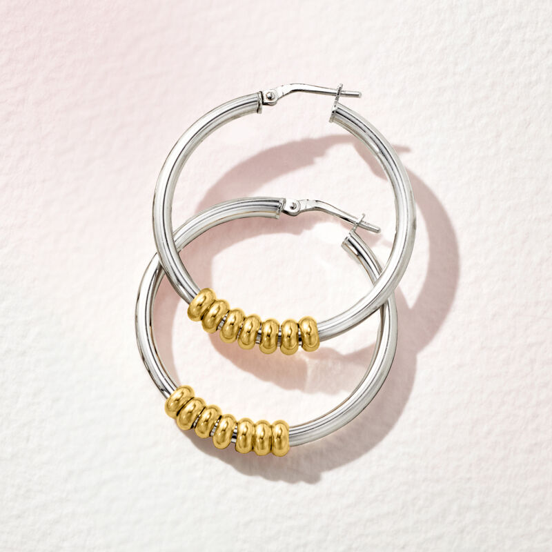 Italian 3mm Two-Tone Sterling Silver Removable Bead Hoop Earrings. 1 1/2&quot; image number 4
