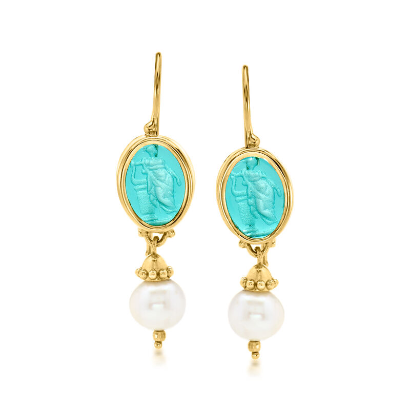 Italian Tagliamonte Blue Venetian Glass Goddess Drop Earrings with 8mm Cultured Pearls in 18kt Gold Over Sterling  image number 0