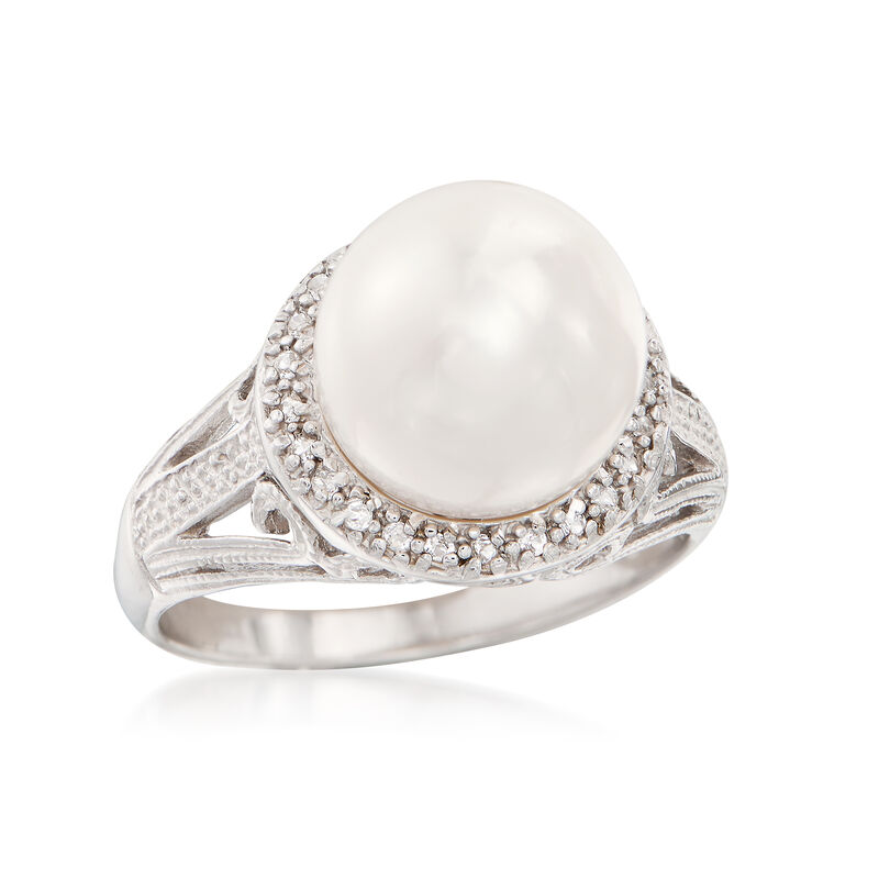 11-12mm Cultured Pearl and .20 ct. t.w. White Topaz Ring in Sterling Silver image number 3