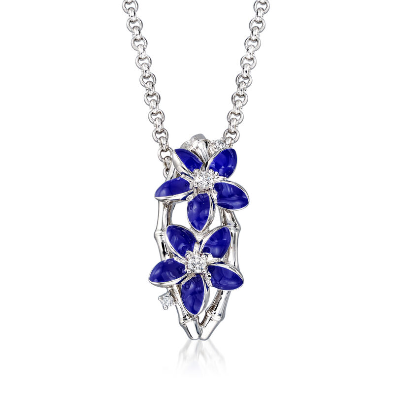 Belle Etoile &quot;Leilani&quot; Blue Enamel and .17 ct. t.w. CZ Flower Pendant in Sterling Silver image number 0