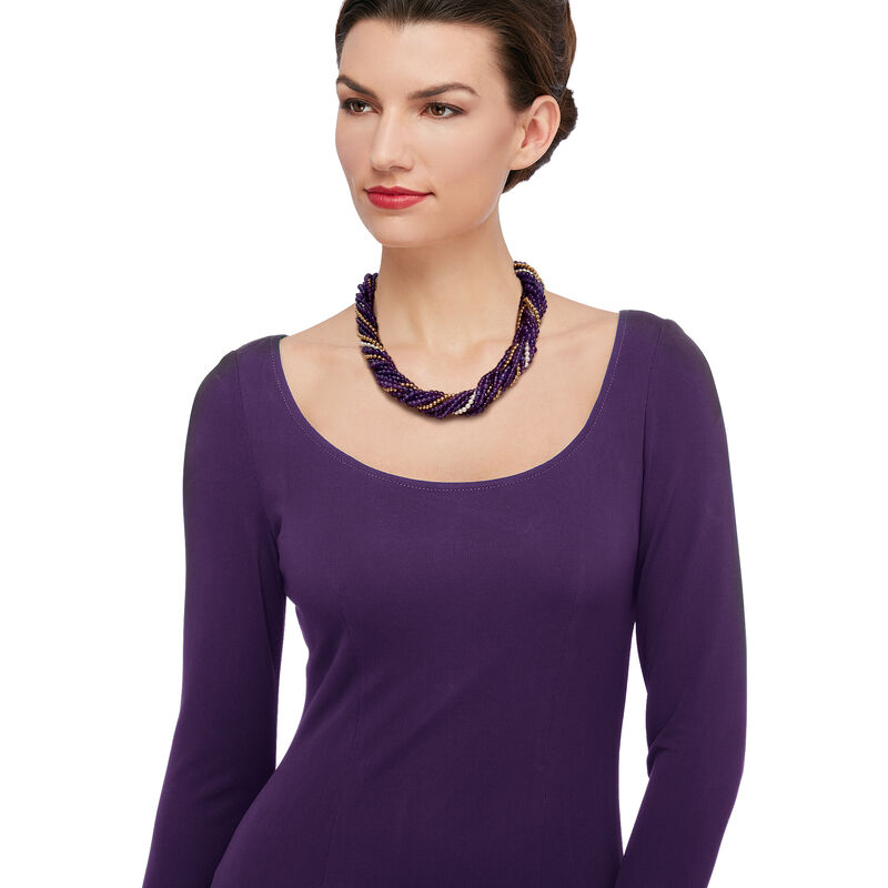 C. 1970 Vintage Amethyst and Cultured Pearl 10-Row Beaded Necklace in 14kt Yellow Gold image number 1