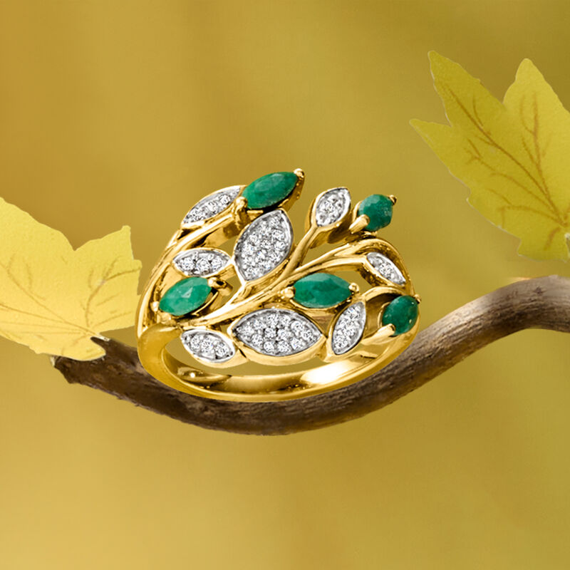 1.60 ct. t.w. Emerald and .20 ct. t.w. White Topaz Leaf Ring in 18kt Gold Over Sterling image number 3