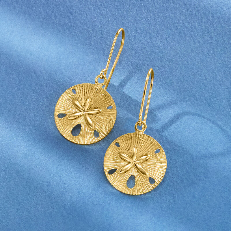 18kt Gold Over Sterling Textured and Polished Sand Dollar Drop Earrings image number 2