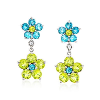 2.60 ct. t.w. Peridot and 1.40 ct. t.w. Swiss Blue Topaz Floral Drop Earrings with White Topaz in Sterling Silver
