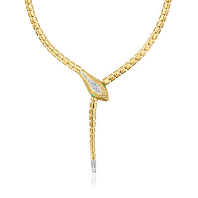 .33 ct. t.w. Diamond Snake Y-Necklace with Emerald Eyes in 18kt Gold Over Sterling