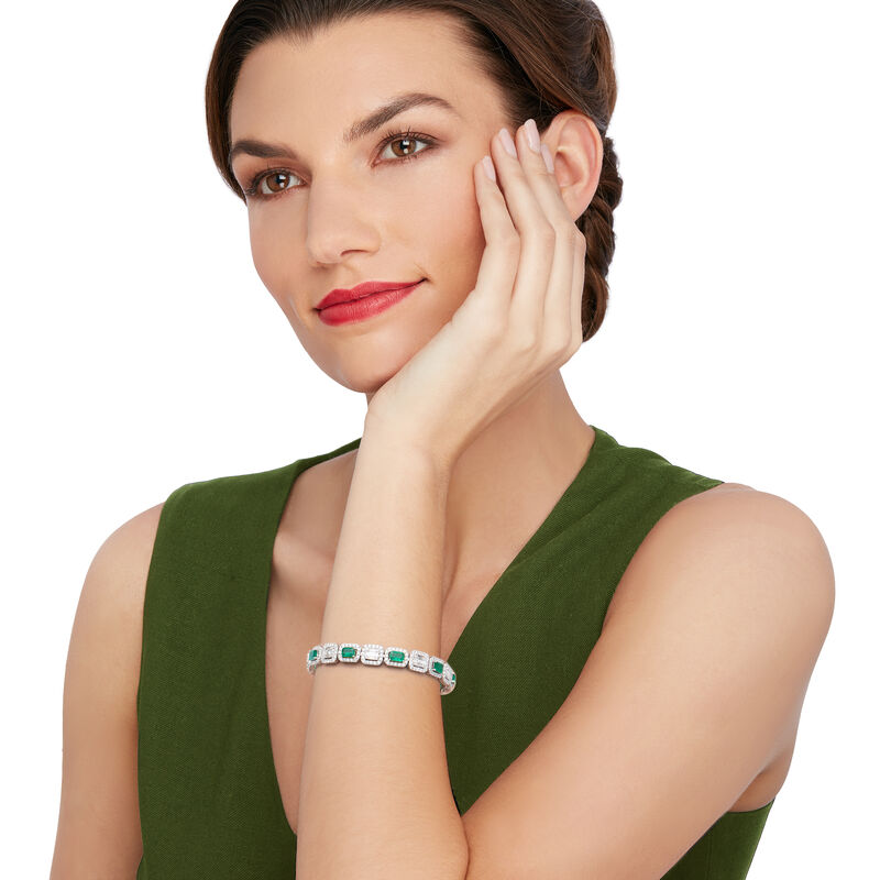 3.40 ct. t.w. Emerald and 5.08 ct. t.w. Diamond Mosaic Bracelet in 18kt White Gold. 7&quot; image number 1