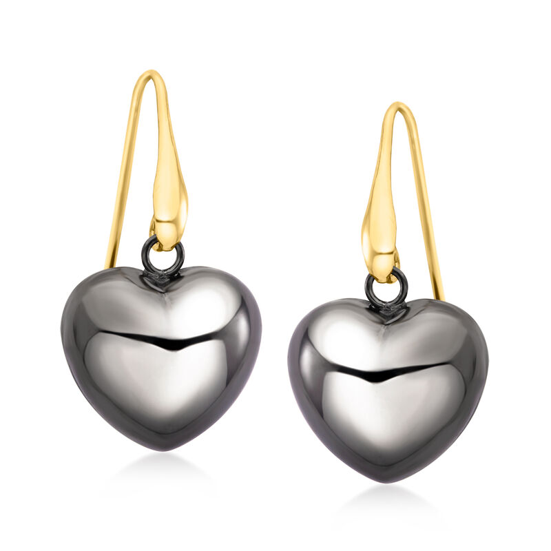 Italian Sterling Silver and 18kt Gold Over Sterling Heart Drop Earrings with Black Rhodium image number 0