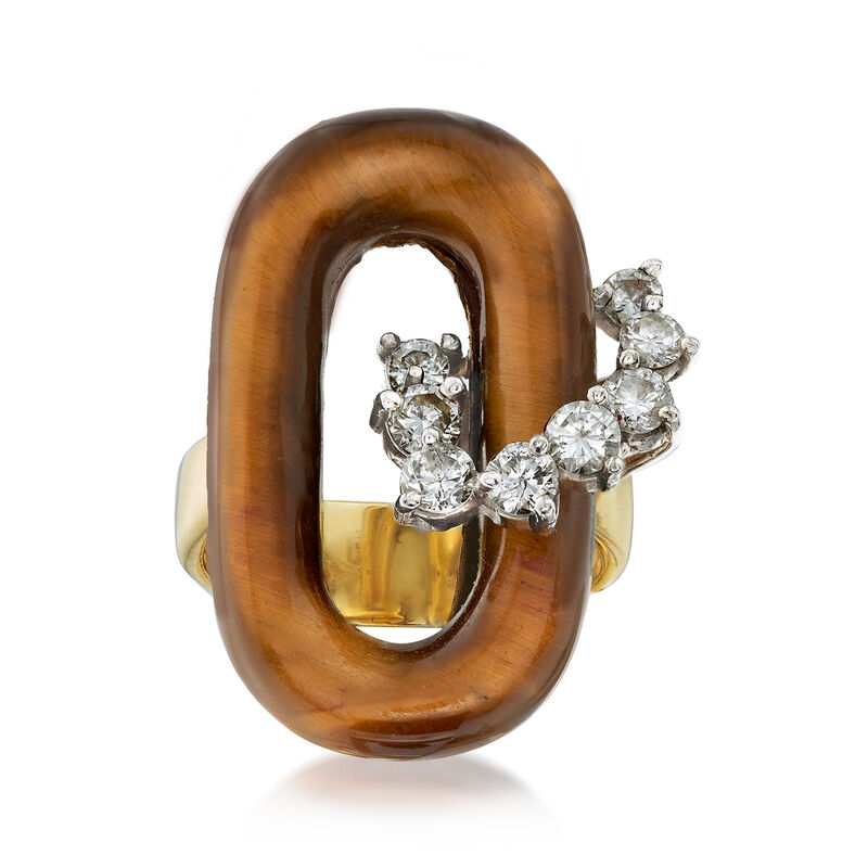 C. 1970 Vintage Tiger's Eye and .65 ct. t.w. Diamond Ring in 18kt Yellow Gold. Size 6 image number 0