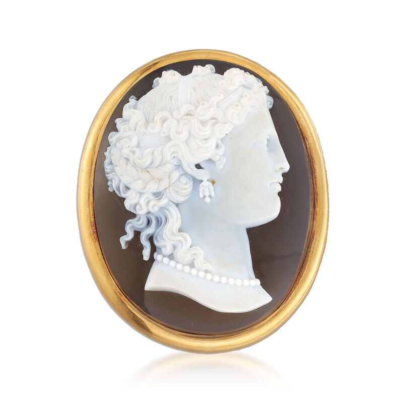C. 1950 Vintage Brown Agate Cameo Pin in 18kt Yellow Gold image number 0