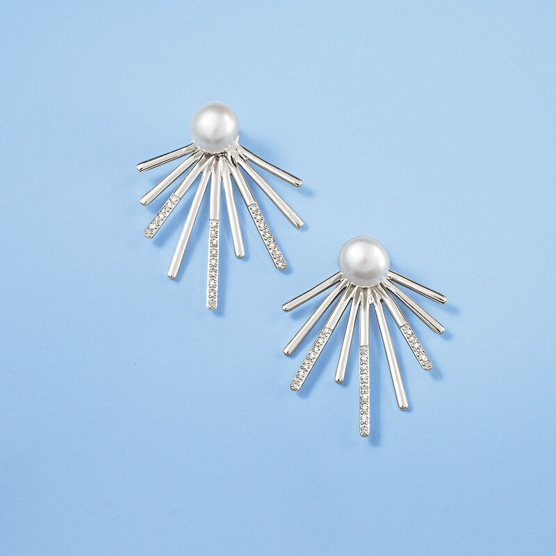 7-7.5mm Cultured Pearl and .10 ct. t.w. Diamond Spike Front-Back Earrings in Sterling Silver image number 3