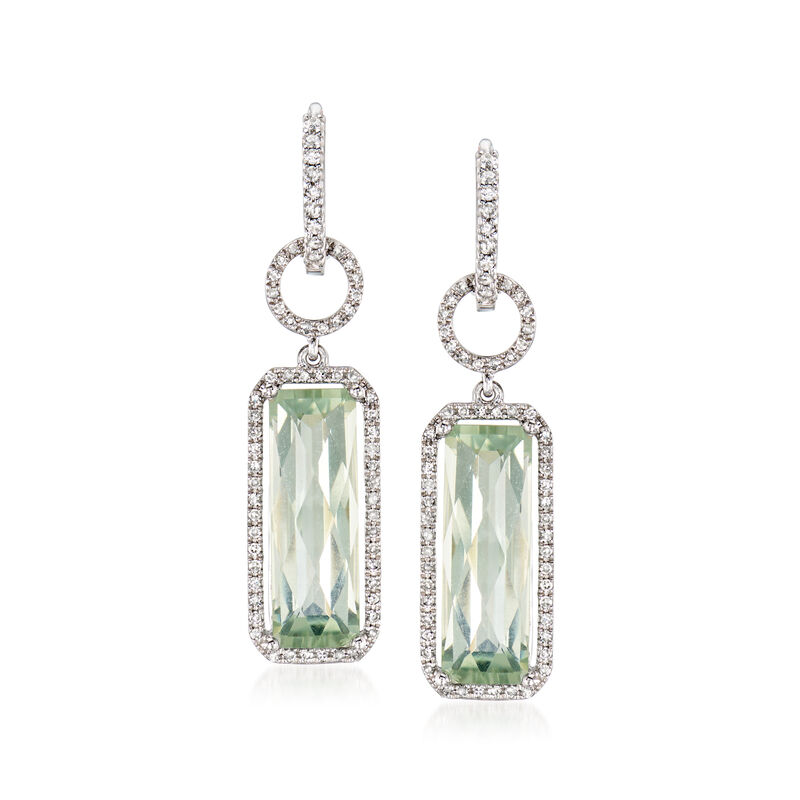 C. 1990 Vintage 1.60 ct. t.w. Prasiolite and .80 ct. t.w. Diamond Day/Night Hoop Drop Earrings in 14kt and 18kt White Gold image number 2