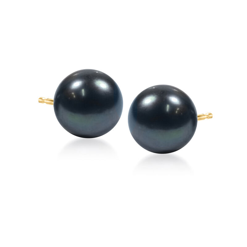 12-13mm Black Peacock Cultured Pearl Stud Earrings in 14kt Yellow Gold image number 2