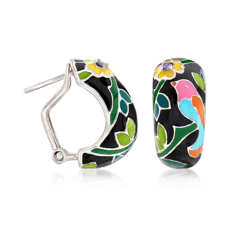 Belle Etoile &quot;Song Bird&quot; Multicolored Enamel Hoop Earrings with CZ Accents in Sterling Silver. 3/4&quot; image number 2