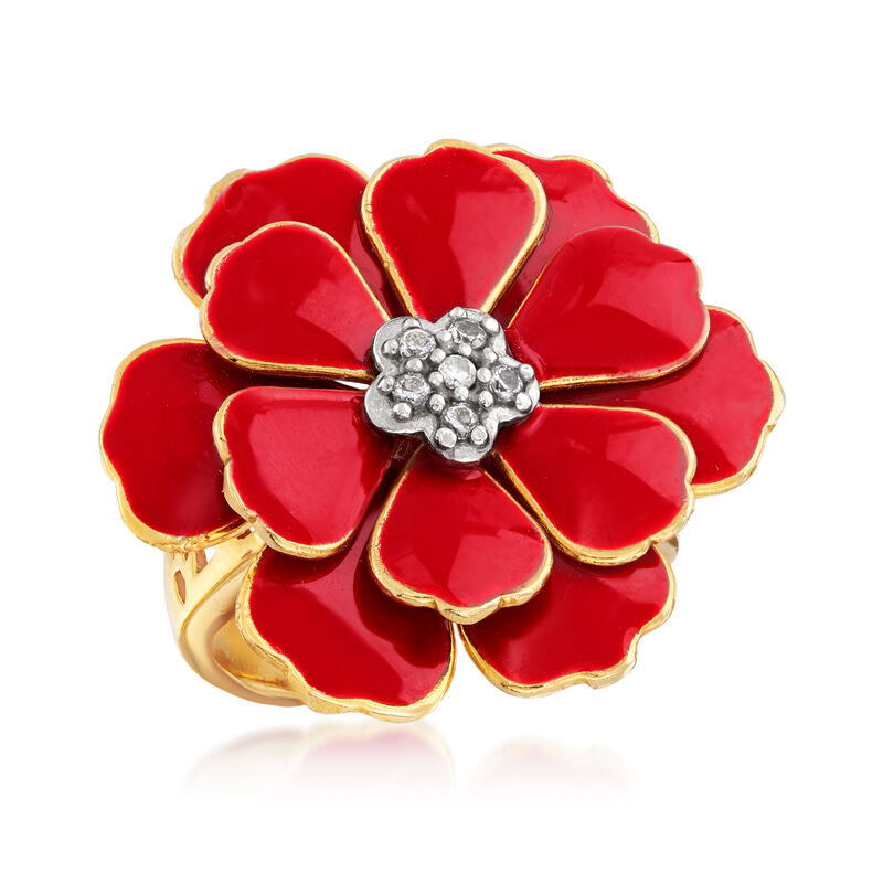 Italian Red Enamel Flower Ring in 18kt Gold Over Sterling image number 3