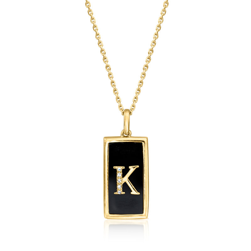 K - Onyx Initial Pendant Necklace with Diamonds in 18kt Gold Over Sterling. 18"  image number 0