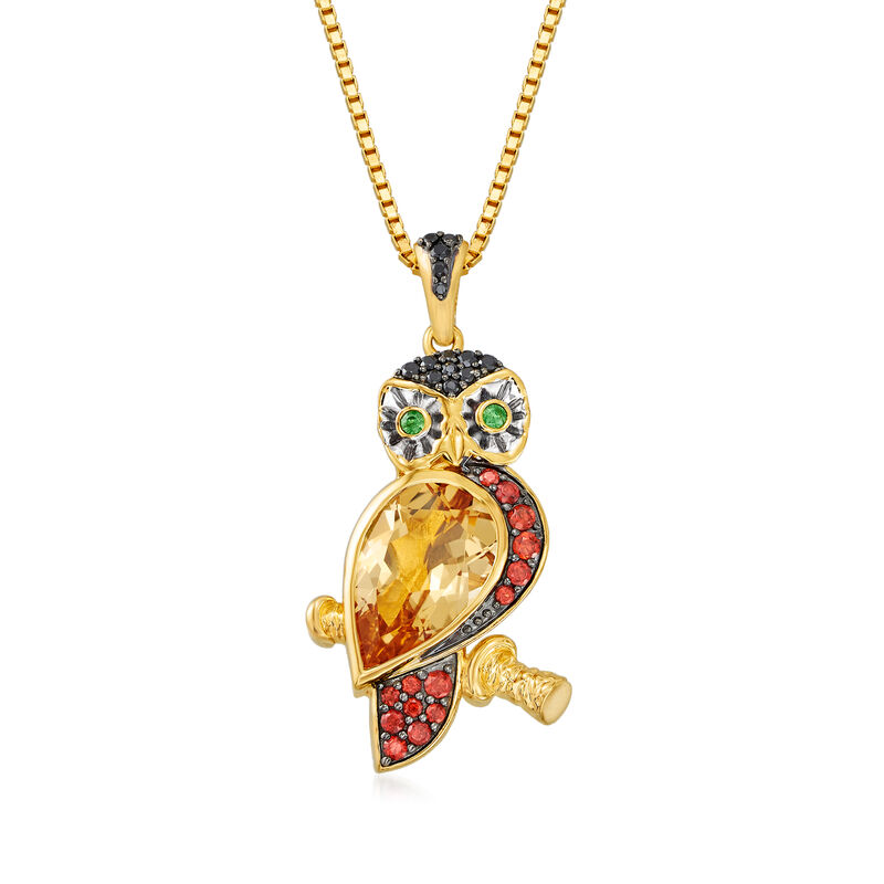 3.23 ct. t.w. Multi-Gemstone Owl Pendant Necklace in 18kt Gold Over Sterling. 18&quot; image number 1