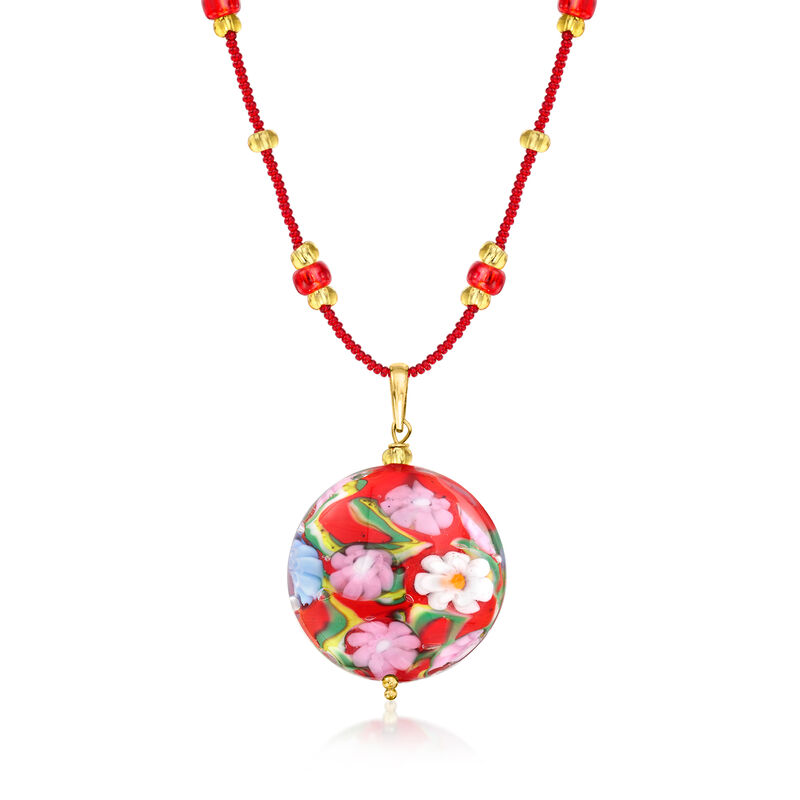 Italian Red Murano Glass Floral Disc Pendant Necklace with 18kt Gold Over Sterling. 18" image number 1
