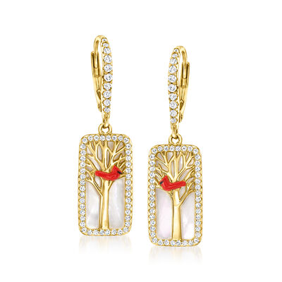 Mother-of-Pearl and .70 ct. t.w. White Topaz Cardinal Drop Earrings with Multicolored Enamel in 18kt Gold Over Sterling