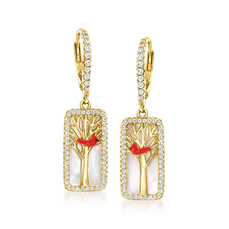 Mother-of-Pearl and .70 ct. t.w. White Topaz Cardinal Drop Earrings with Multicolored Enamel in 18kt Gold Over Sterling  image number 0