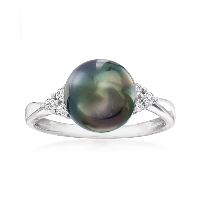 9-9.5mm Black Cultured Tahitian Pearl and .14 ct. t.w. Diamond Ring in Sterling Silver image number 0