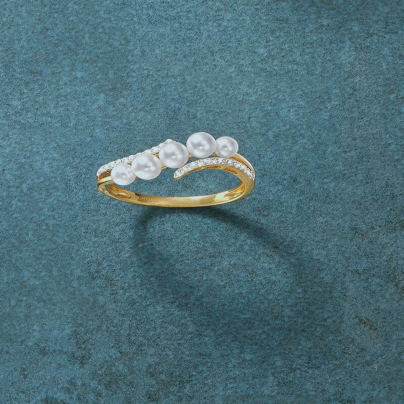 3-4mm Cultured Pearl and .10 ct. t.w. Diamond Wave Ring in 14kt Yellow Gold image number 3