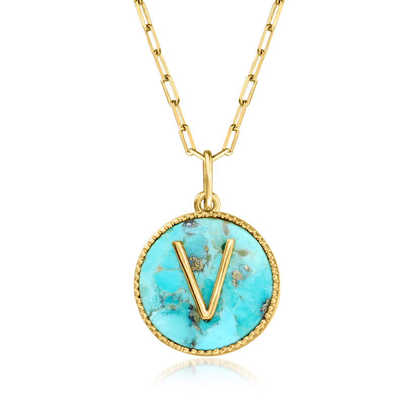 V - Turquoise Initial Pendant Necklace in 18kt Gold Over Sterling image number 0